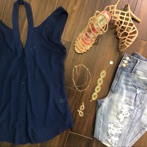 Poetry Sheer Dark Blue Button-Up Blouse